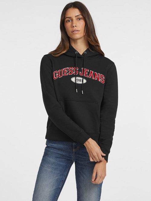 Guess Chenille Logo Patch Hoodie Zwart | GUESS-SN28346