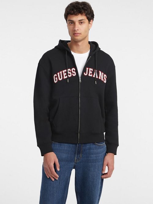 Guess Chenille Patch Zip-Up Hoodie Zwart | GUESS-SN30789