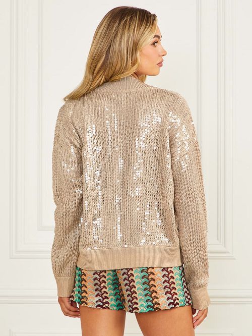 Guess Claudia Sequins Sweater Jacket Beige | GUESS-SN28037