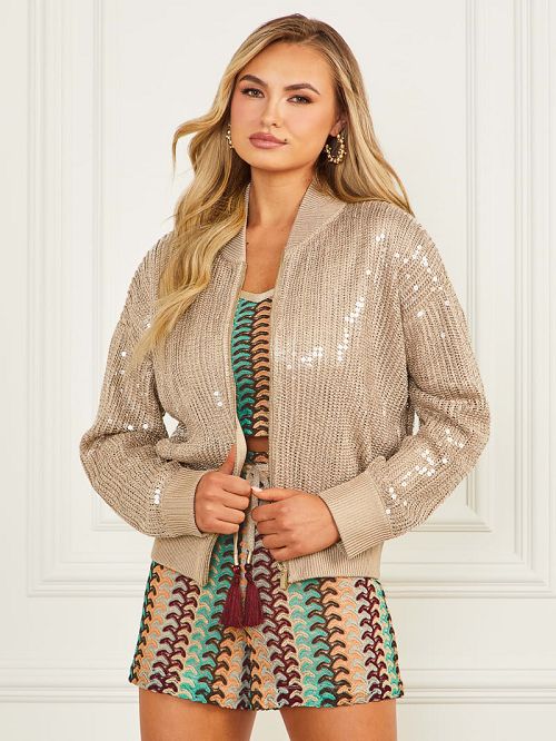Guess Claudia Sequins Sweater Jacket Beige | GUESS-SN28037