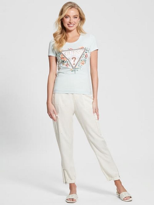 Guess Crewneck Flowers Icon Tee Blauw | GUESS-SN27057