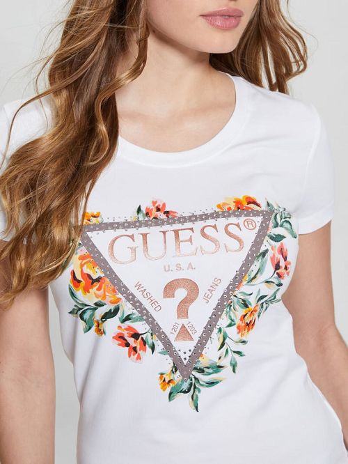 Guess Crewneck Flowers Icon Tee Wit | GUESS-SN27064