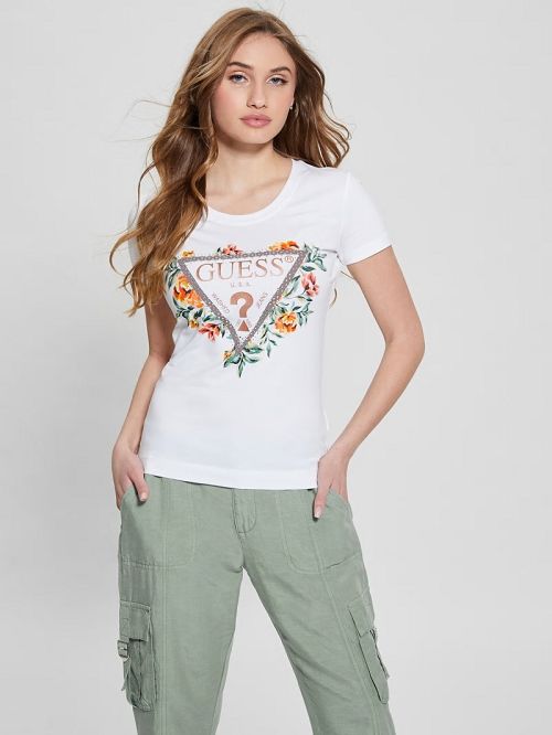 Guess Crewneck Flowers Icon Tee Wit | GUESS-SN27064