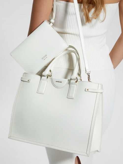 Guess Cristina Leather Medium Satchel Beige | GUESS-SN29277