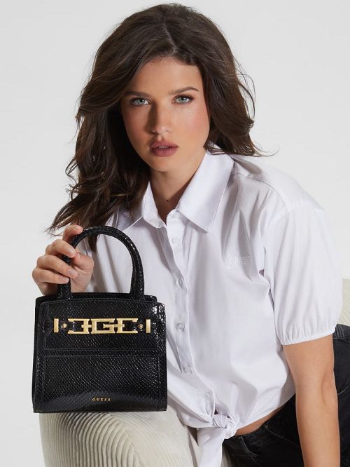 Guess Cristina Small Leather Satchel Zwart | GUESS-SN29232