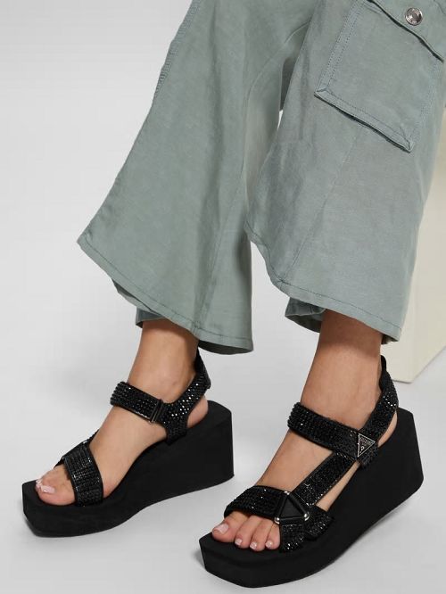 Guess Dawsin Rhinestone Wedges Zwart | GUESS-SN29639