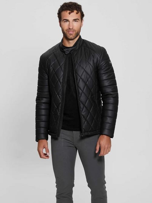 Guess Diamond Quilted Faux-Leather Jacket Zwart | GUESS-SN30875