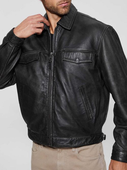 Guess Distressed Leather Flight Jacket Zwart | GUESS-SN30882