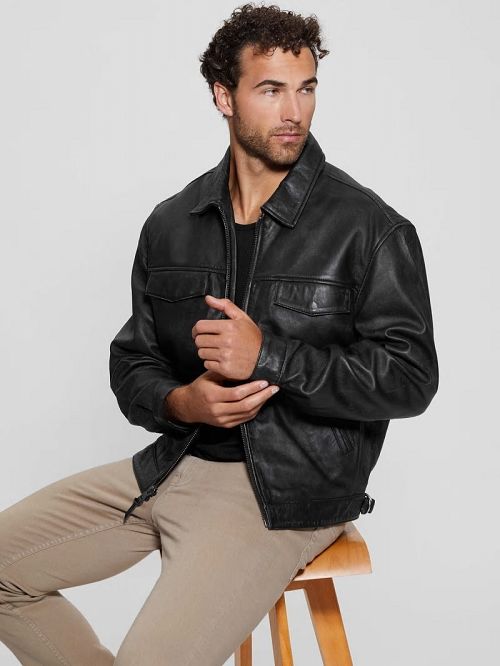 Guess Distressed Leather Flight Jacket Zwart | GUESS-SN30882