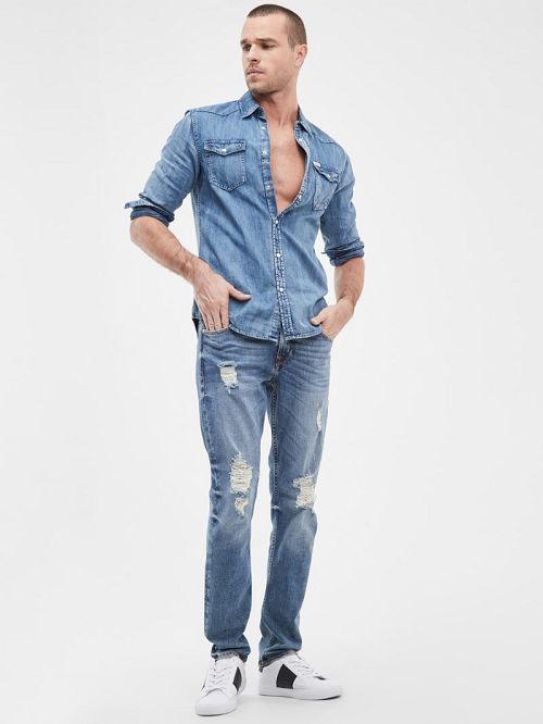 Guess Distressed Tapered Jeans Blauw | GUESS-SN30353