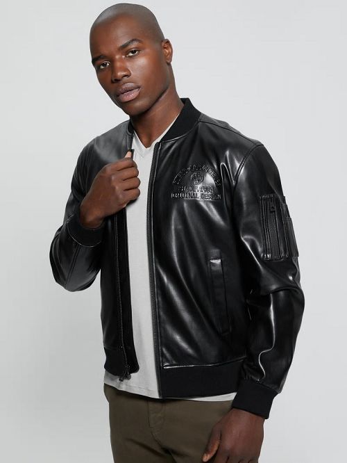 Guess District Faux-Leather Signature Jacket Zwart | GUESS-SN30871