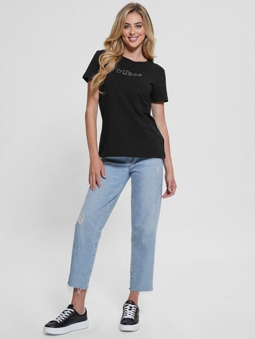 Guess Eco Briana Rhinestone Tee Zwart | GUESS-SN27261