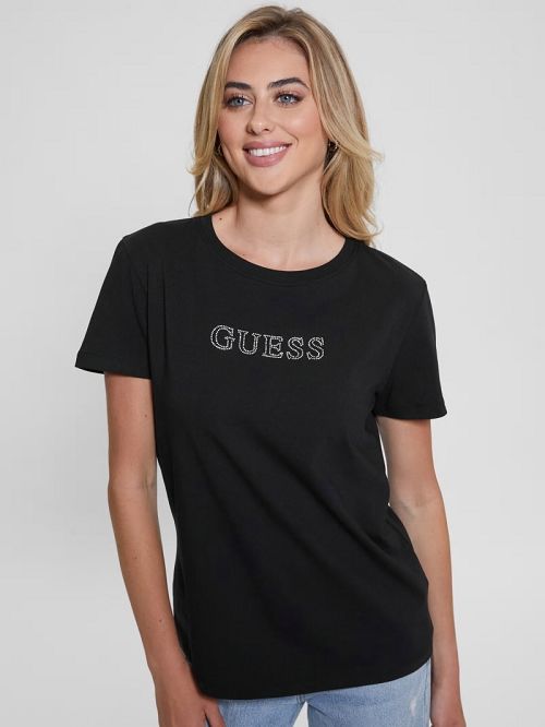 Guess Eco Briana Rhinestone Tee Zwart | GUESS-SN27261