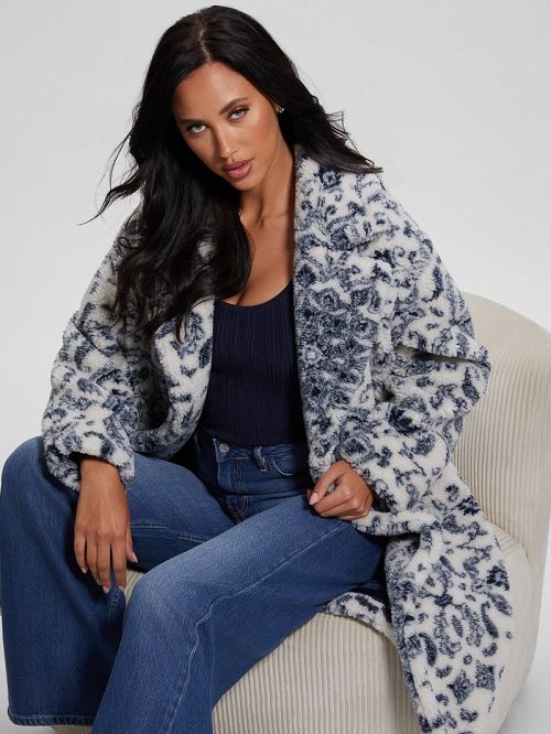 Guess Eco Carolina Printed Sherpa Coat Blauw | GUESS-SN27958