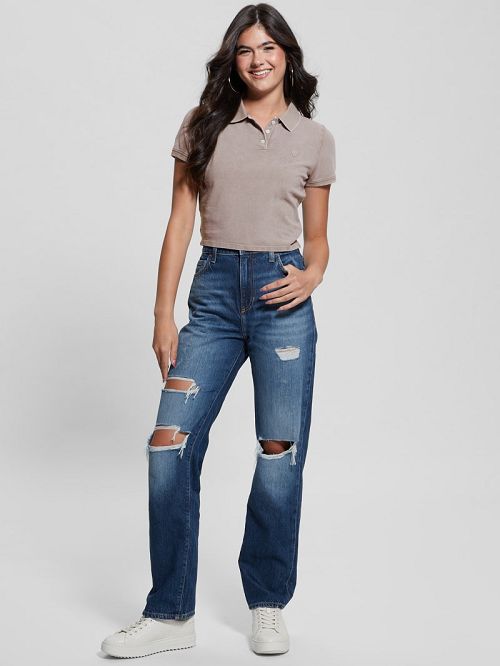 Guess Eco Cora Crop Pique Polo Beige | GUESS-SN27356