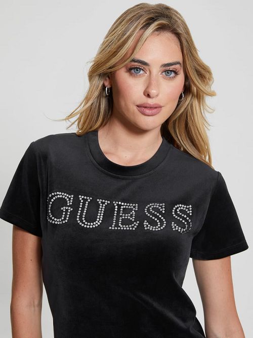 Guess Eco Couture Velvet Logo Tee Zwart | GUESS-SN28397