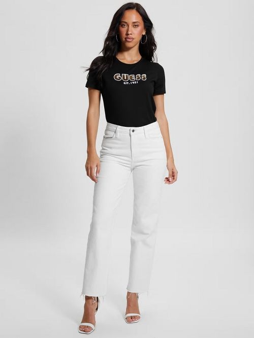 Guess Eco Crewneck Rhinestone Logo Tee Zwart | GUESS-SN27054