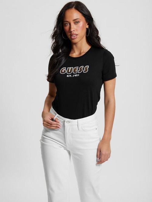 Guess Eco Crewneck Rhinestone Logo Tee Zwart | GUESS-SN27054