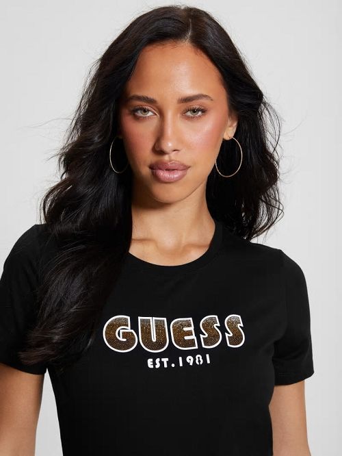 Guess Eco Crewneck Rhinestone Logo Tee Zwart | GUESS-SN27054