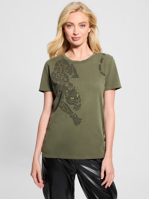 Guess Eco Crystal Panther Easy Tee Groen | GUESS-SN27424