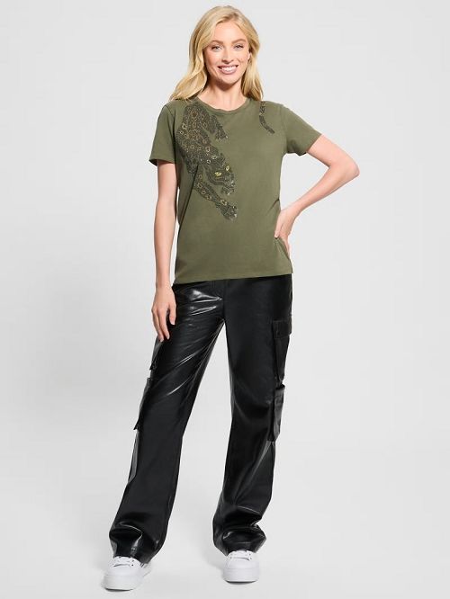 Guess Eco Crystal Panther Easy Tee Groen | GUESS-SN27424