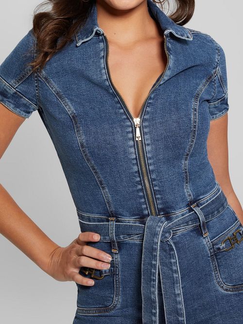 Guess Eco Deana Belted Denim Romper Blauw | GUESS-SN26686