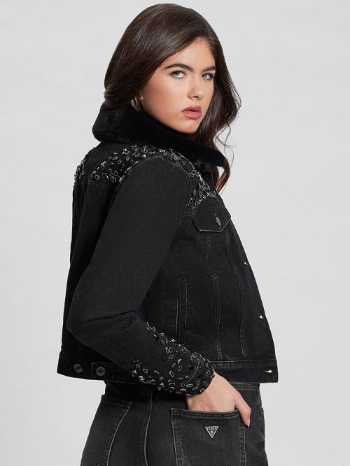 Guess Eco Doria Shearling Collar Denim Jacket Zwart | GUESS-SN27882