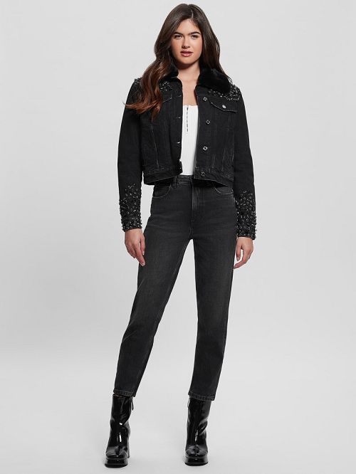 Guess Eco Doria Shearling Collar Denim Jacket Zwart | GUESS-SN27882