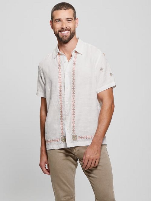 Guess Eco Embroidered Border Linen Shirt Wit | GUESS-SN31231