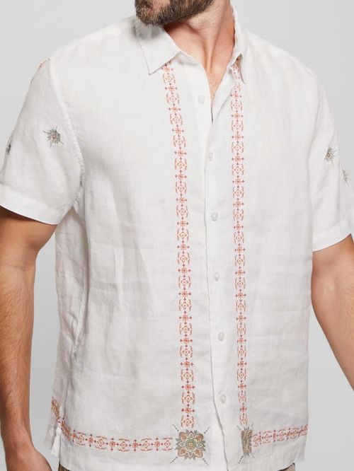 Guess Eco Embroidered Border Linen Shirt Wit | GUESS-SN31231