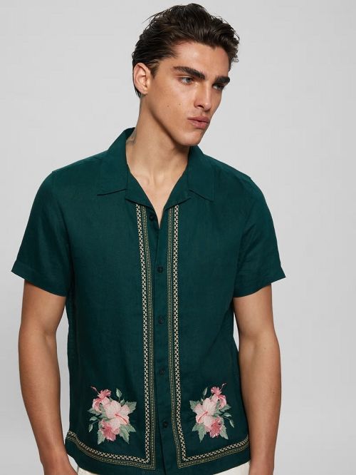 Guess Eco Embroidered Island Linen Shirt Groen | GUESS-SN31136
