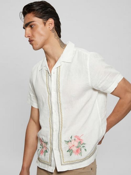 Guess Eco Embroidered Island Linen Shirt Wit | GUESS-SN31219