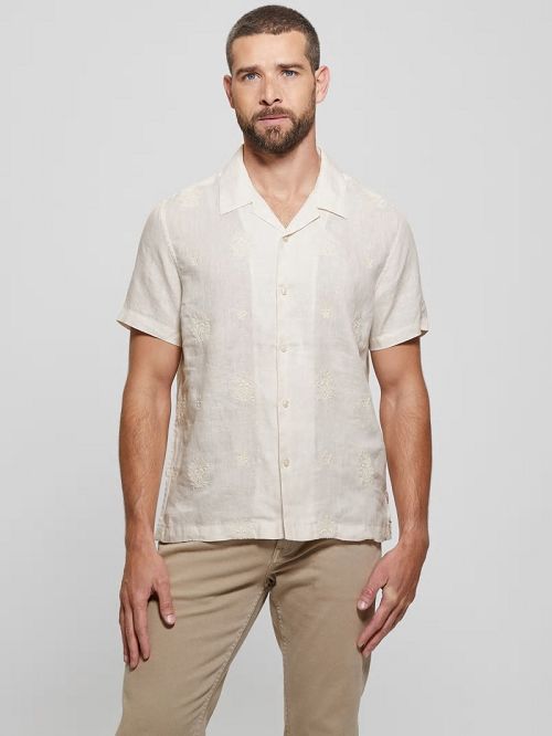 Guess Eco Embroidered Motif Linen Shirt Wit | GUESS-SN31268