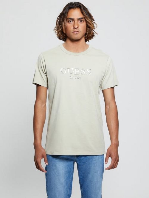Guess Eco Embroidered Signature Tee Beige | GUESS-SN30601