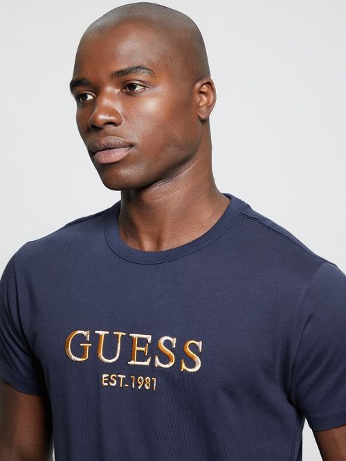 Guess Eco Embroidered Signature Tee Blauw | GUESS-SN30655