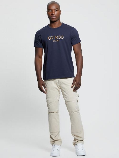 Guess Eco Embroidered Signature Tee Blauw | GUESS-SN30655