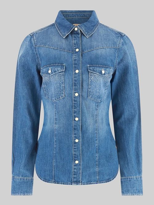 Guess Eco Equity Rhinestone Pocket Denim Shirt Blauw | GUESS-SN26584