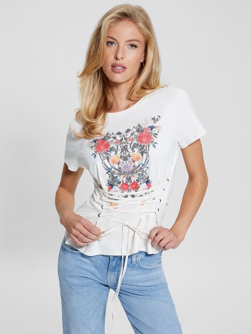 Guess Eco Garden Glow Lace-Up Tee Wit | GUESS-SN27452
