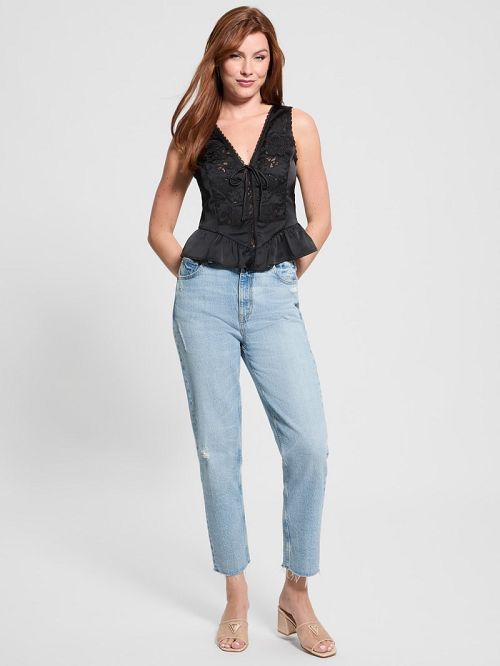 Guess Eco Gia Satin Lace Top Zwart | GUESS-SN27270