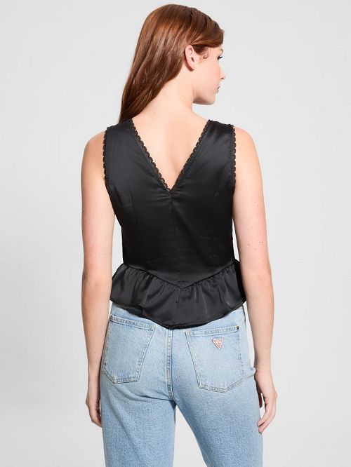 Guess Eco Gia Satin Lace Top Zwart | GUESS-SN27270