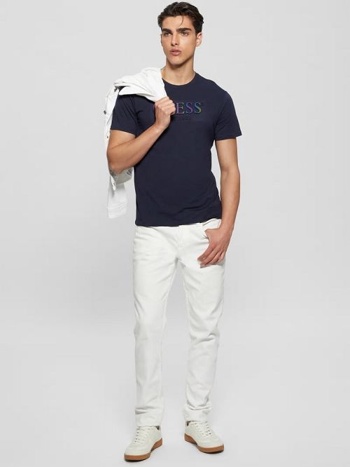 Guess Eco Iridescent Signature Tee Blauw | GUESS-SN30662