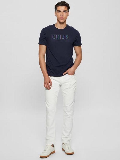 Guess Eco Iridescent Signature Tee Blauw | GUESS-SN30662