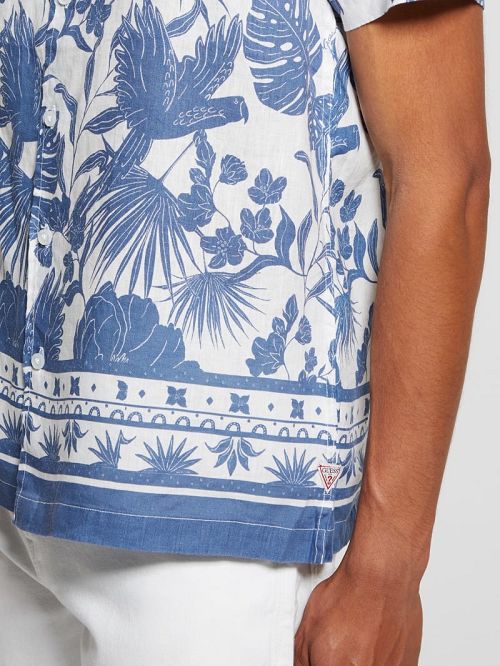 Guess Eco Island Border Linen Shirt Blauw | GUESS-SN31211