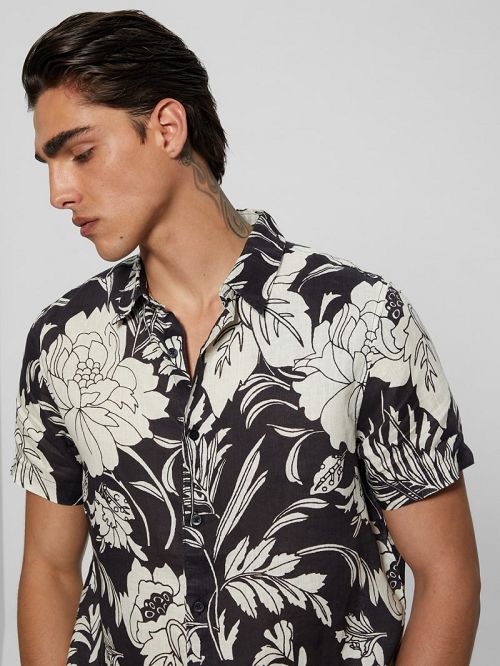Guess Eco Island Linen Shirt Zwart Wit | GUESS-SN31235