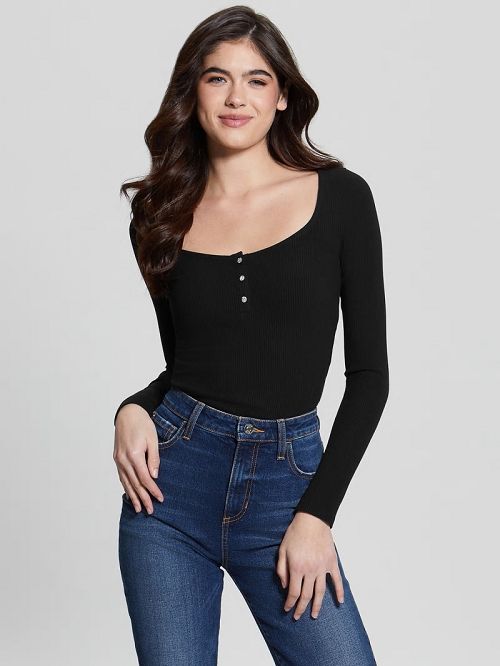Guess Eco Karlee Long-Sleeve Henley Zwart | GUESS-SN27162