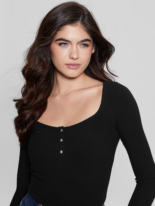 Guess Eco Karlee Long-Sleeve Henley Zwart | GUESS-SN27162