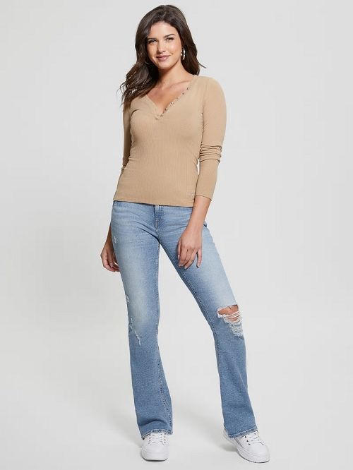 Guess Eco Kyla Rib Henley Tee Beige | GUESS-SN27510