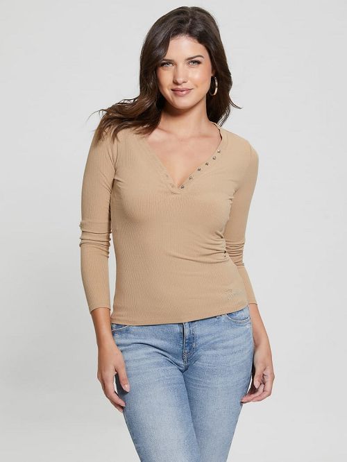 Guess Eco Kyla Rib Henley Tee Beige | GUESS-SN27510