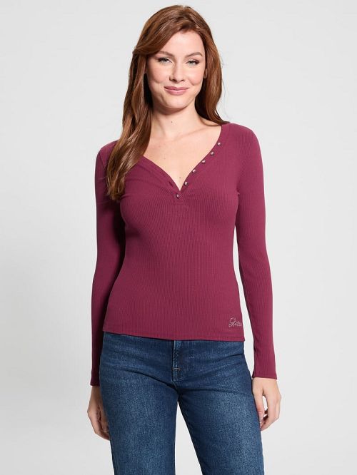 Guess Eco Kyla Rib Henley Tee Rood | GUESS-SN27443