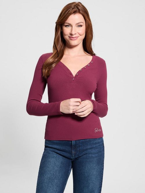 Guess Eco Kyla Rib Henley Tee Rood | GUESS-SN27443